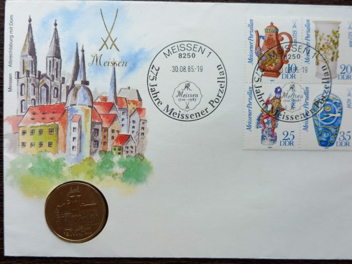 GERMANIA DEMOCRATA - FDC SI MONEDA UNC 5 MARK 1983, MEISSEN - TIRAJ 25.000, RARA