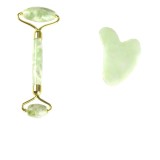 Set Rola Jad cu Gua Sha si Saculet Depozitare, pentru masaj si tonifiere, Quartz Natural Verde, Oem