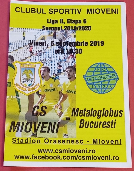 Program meci fotbal CS MIOVENI - &quot;METALOGLOBUS&quot; BUCURESTI (06.09.2019)