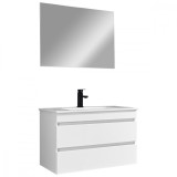 Mobilier de baie Cube 80 cm cu lavoar ceramic (2 sertare) și oglindă 60x80 cm vopsit &icirc;n alb lucios