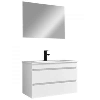 Mobilier de baie Cube 80 cm cu lavoar ceramic (2 sertare) și oglindă 60x80 cm vopsit &amp;icirc;n alb lucios foto