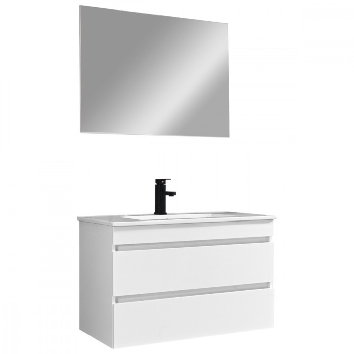 Mobilier de baie Cube 80 cm cu lavoar ceramic (2 sertare) și oglindă 60x80 cm vopsit &icirc;n alb lucios