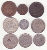 Set 9 monede din perioada 1865-2010, de pe toate continentele (conține și argint)