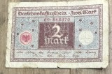 BNKSTR03DE Bancnotă Veche Germania 2 Mark 1920 (Darlehnskassenschein), Perioada Interbelică, Republica Weimar, Colecție / Numismatică