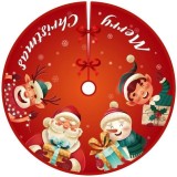 Covoras pentru bradul de craciun, flippy, din tesatura pufoasa, cu fundite de prindere, model mos craciun si ajutoarele, rosu, diametru 90 cm