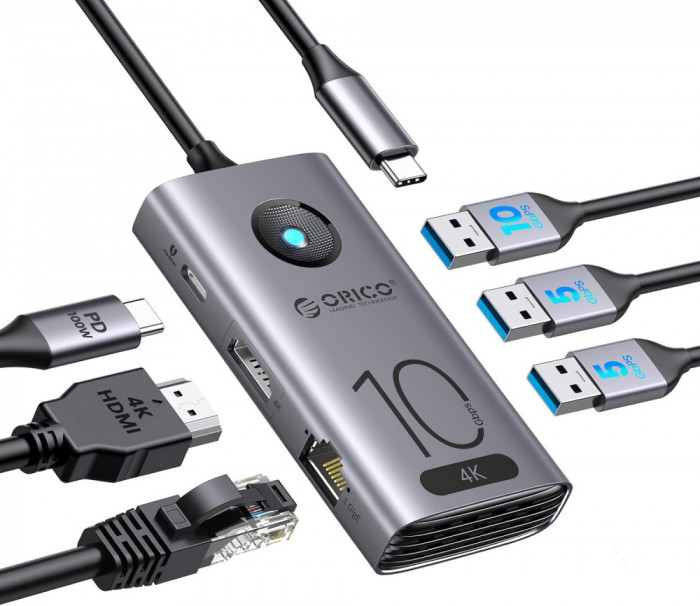 Hub USB C 10Gbps, stație de andocare USB-C 6-&icirc;n-1 pentru laptop ORICO 4K@60Hz HD