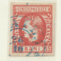 ROMANIA 1869 Carol cu favoriti 15 Bani rosu cu stampila albastra Braila