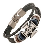 Cumpara ieftin Set 3 bratari cu multiple straturi si cruce rock JustZEN pentru barbati din piele naturala negra look punk/rock