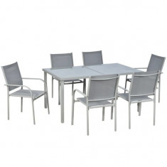 Set mobilier gradina/terasa, aluminiu, blat sticla, gri si argintiu, 1 masa, 6 scaune, Sway GartenVIP DiyLine