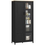 HOMCOM Dulap de Bucătărie cu 9 Rafturi Reglabile, cu Uși de Sticlă și Bază &Icirc;nălțată din Lemn, 76x36x160 cm, Negru | Aosom Romania