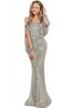 Rochie Argintie Lunga Sirena Eleganta Paiete Umeri Goi Maneci Franjurate Trena Ocazie Speciala Bal M