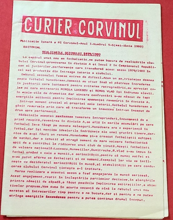 Program fotbal &quot;Curier Sportiv&quot; CORVINUL (mai-iunie 1980)