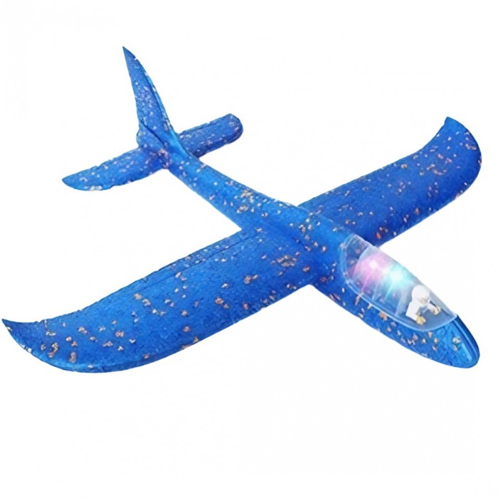 Avion planor cu pilot, flippy, din polistiren, cu lumini in cabina pilotului, lungime 47 cm, albastru