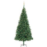 Brad Crăciun pre-iluminat, set globuri/LEd-uri, verde, 300 cm