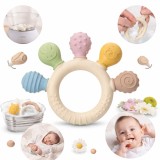Jucarie dentitie Montessori, Inel gingival multicolor pentru bebelusi, silicon alimentar, texturi senzoriale diverse, design ergonomic, calmare gingii