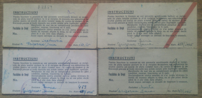 Lot 4 cupoane instructiuni inscriere la examen la Facultatea de Drept// 1945