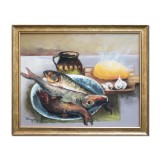 Tablou cu peste, mamaliga si usturoi pictat manual inramat, Pofta buna, 55x45cm ulei pe panza, Geo Ungureanu