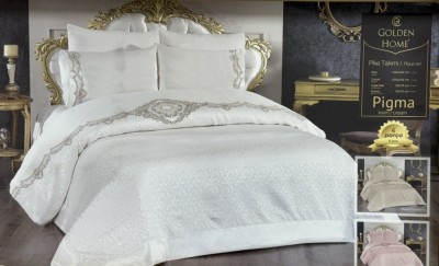 Set de Pat 6 Piese Super Lux , Bumbac Premium cu Broderie Manuala Aurie foto