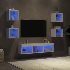 vidaXL Unități de perete TV cu LED-uri, 7 piese, alb, lemn prelucrat 3216583