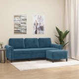 vidaXL Canapea cu 3 locuri și taburet, albastru, 180 cm, catifea 3201224