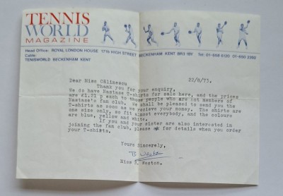 Ilie Năstase 1973 &amp;ndash; scrisoare Tennis World Magazine despre tricouri &amp;amp; fan club foto
