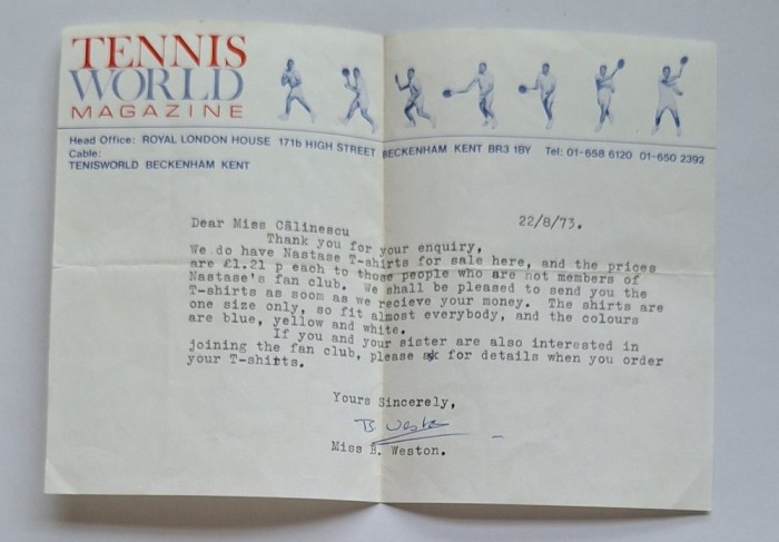 Ilie Năstase 1973 &ndash; scrisoare Tennis World Magazine despre tricouri &amp; fan club