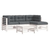 Set mobilier de gradina cu perne, 5 piese, alb, lemn masiv