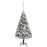 Brad Crăciun pre-iluminat cu set globuri/LED-uri, verde, 120 cm