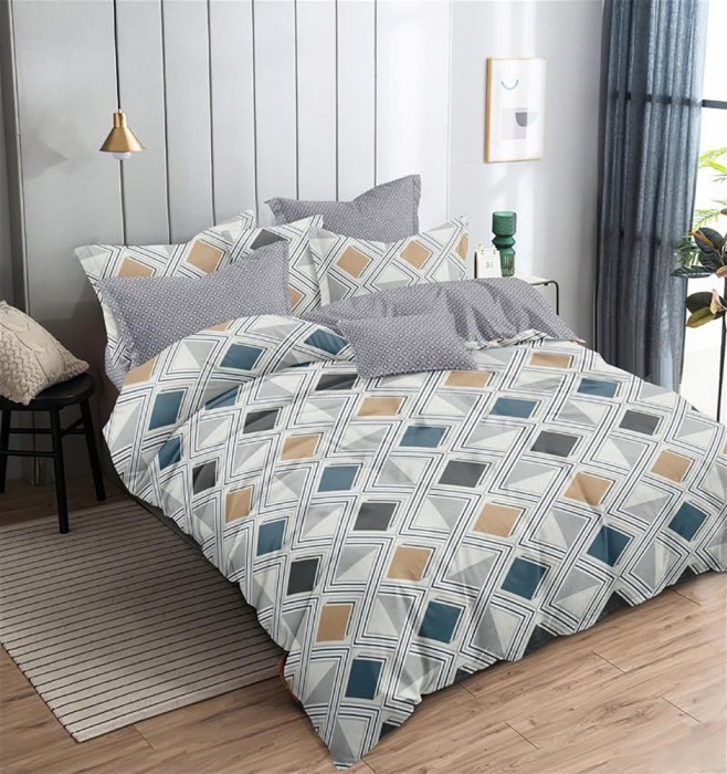 Lenjerie de pat pentru o persoana cu husa elastic pat si fata perna patrata, Atawn, bumbac mercerizat, multicolor