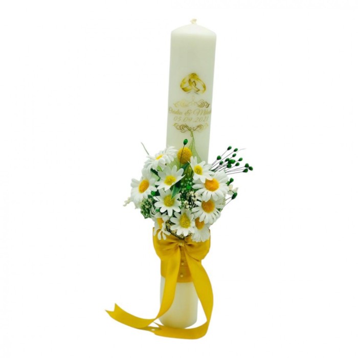 Lumanare Nunta Botez EVENTISSIMI -Margarete si plante naturale uscate, 40 cm, Multicolor
