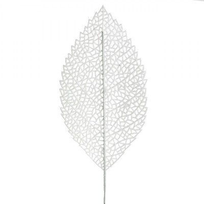 Crenguță Decorativă, Frunză Albă, 71cm, Glitter Argintiu foto