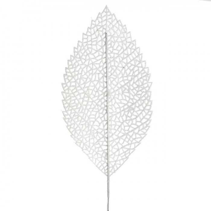 Crenguță Decorativă, Frunză Albă, 71cm, Glitter Argintiu
