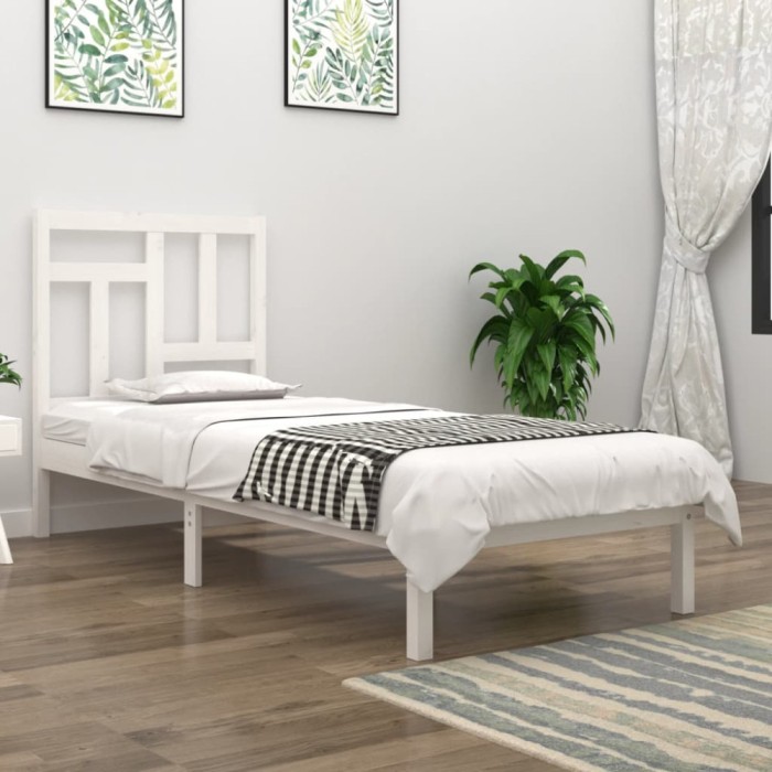 vidaXL Cadru de pat Single 3FT, alb, 90x190 cm, lemn masiv de pin