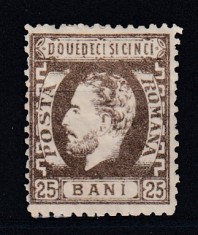 ROMANIA1872 LP 37 REGELE CAROL I BARBA 25 BANI BRUN DANTELAT T8 GUMA ORIGINALA
