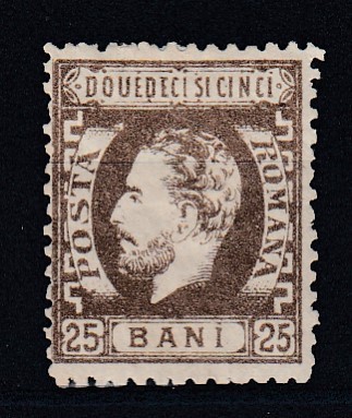 ROMANIA1872 LP 37 REGELE CAROL I BARBA 25 BANI BRUN DANTELAT T8 GUMA ORIGINALA foto