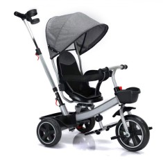 Tricicletă Copii 3in1, Scaun Rotativ, Gri, Roți EVA, Cadru Oțel