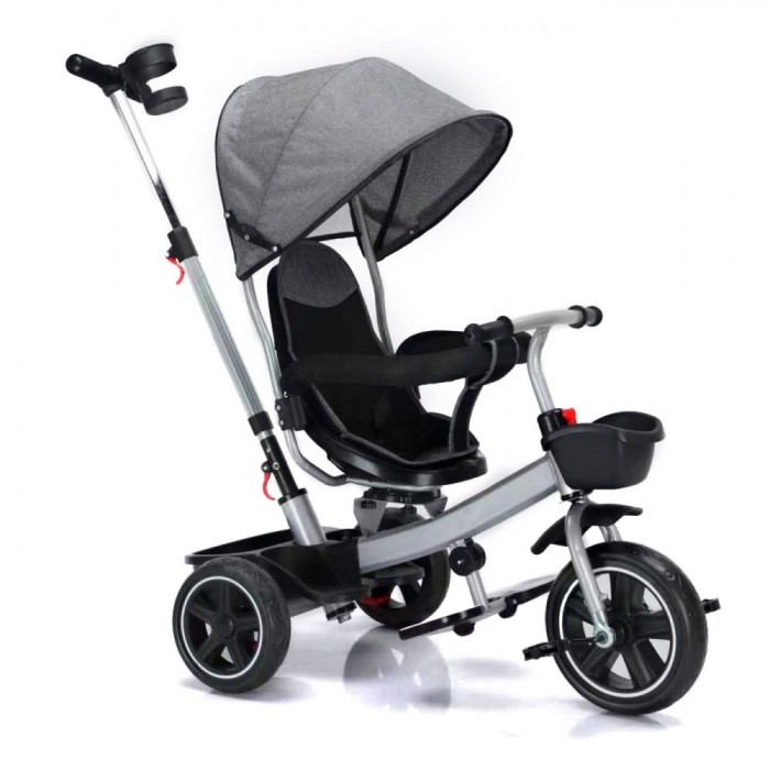 Tricicletă Copii 3in1, Scaun Rotativ, Gri, Roți EVA, Cadru Oțel