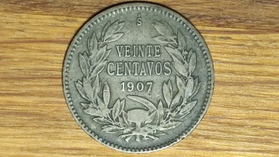 Chile -moneda de colectie argint- 20 centavos 1907 -stare buna- f greu de gasit foto