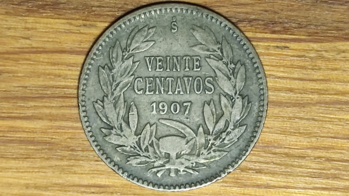 Chile -moneda de colectie argint- 20 centavos 1907 -stare buna- f greu de gasit
