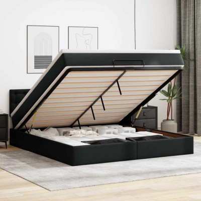 vidaXL Pat otoman cu saltele și LEDs, negru 160x200cm, piele ecologică 3312162 foto