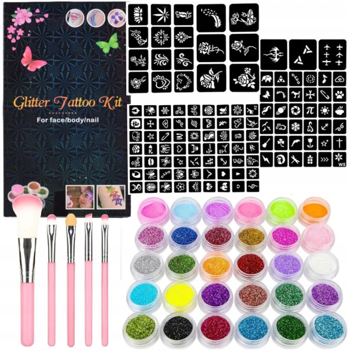 Set de tatuaje mega glitter 120 șabloane + 24 accesorii glitter
