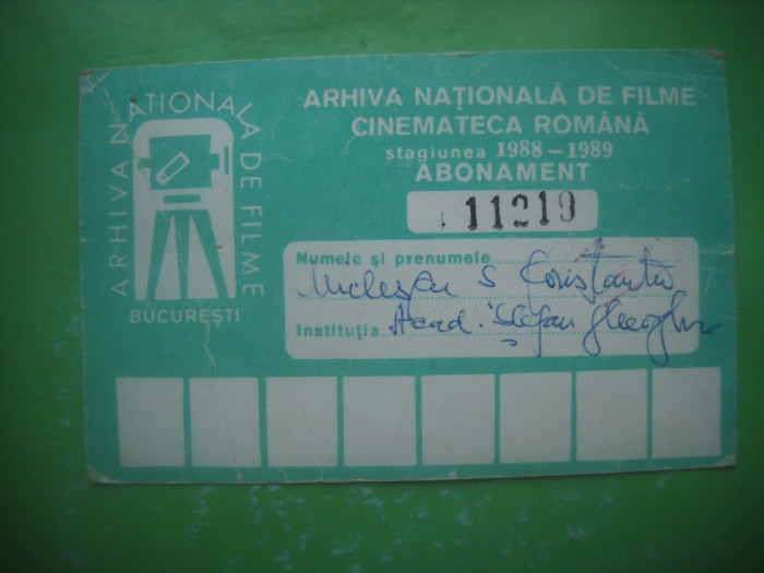 HOPCT ABONAMENT ARHIVA NATIONALA FILME BUCURESTI -CINEMATECA ROMANA 1988-1989