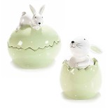 Cumpara ieftin Set 2 oua cu capac model Iepuras din ceramica verde 12x10x14 cm