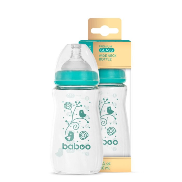 Biberon Din Sticla Anticolici Baboo - Gat Larg, 250 ml, 3 luni+