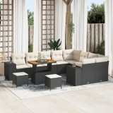 Set 12 Piese Canapea Grădină cu Pernițe Negru Poli Ratan Acacia, Set 3 Piese Masă Grădină cu Pernițe Negru Poli Ratan Acacia, vidaXL