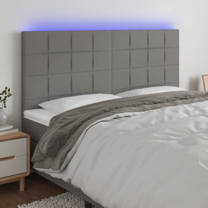 vidaXL Tăblie de pat cu LED, gri &icirc;nchis, 200x5x118/128 cm, textil