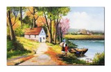 Cumpara ieftin Tablou pictat manual living, dormitor, Peisaj rural cu barca, o zi minnunata, 100x60cm ulei pe panza, Magnific