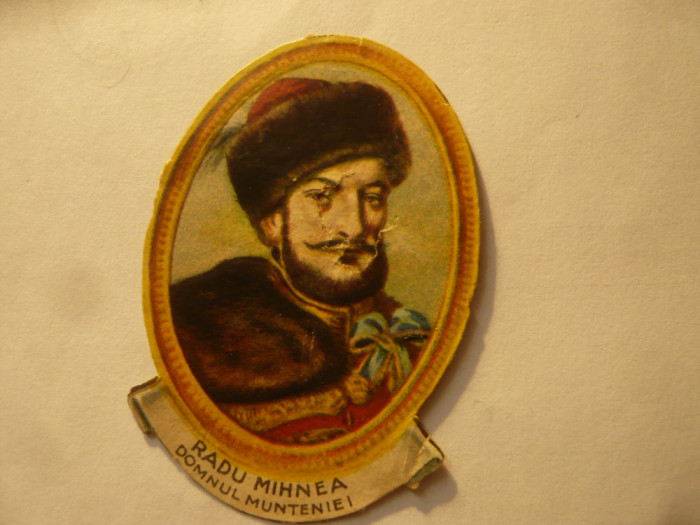 Portret Radu Mihnea -Domnul Munteniei 1586 &ndash; 1626 ,cartonas interbelic , defect