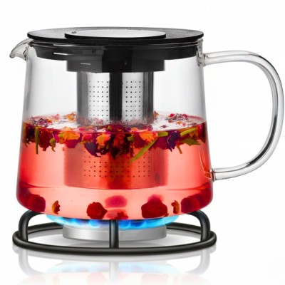 Ceainic sticlă cu infuzor inox Koken, 1500 ml, rezistent la temperaturi, pentru plită și cuptor microunde, compatibil mașina de spălat vase, transpare foto
