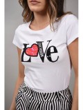 Cumpara ieftin Tricou Dama Monte Cervino Love, Bumbac, Alb, S-M (XS-S), Imprimeu Inima, Casual, Confortabil